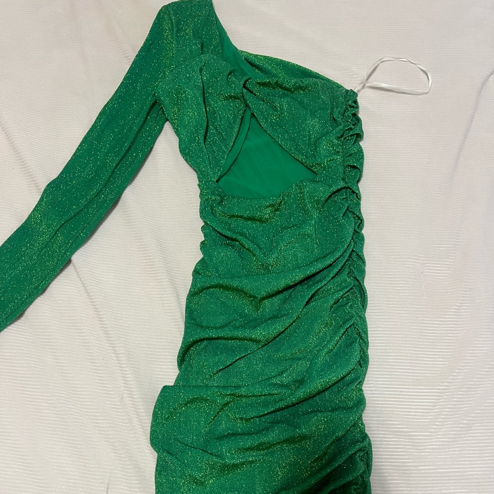 Sparkly Green, one sleeve, dress